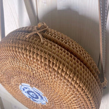 Load image into Gallery viewer, Bali Blue natural woven crossbody round beige rattan purse + royal blue & white ceramic tile resort cruise travel birthday beach purse gift