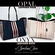 Load image into Gallery viewer, nwt Camo Luxe Rose 2.0 Neoprene Tote Bag + luminous metallic ROSE GOLD stripes w added top zip closure 2023 purse waterproof light beach