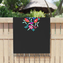 Load image into Gallery viewer, Boho beach blanket fringed wrap pool towel cover-up XL 6.5 ft black + Serape Olé stripes / La Bamba floral bouquet or pearl + cabana stripes