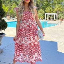 Load image into Gallery viewer, new smocked sundress Boho red green or blue Bluebonnet MAXI floral eyelet embroidery ruffled femme dress Spring Summer baby bridal birthday