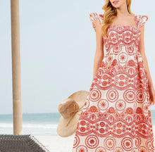 Load image into Gallery viewer, new smocked sundress Boho red green or blue Bluebonnet MAXI floral eyelet embroidery ruffled femme dress Spring Summer baby bridal birthday