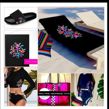 Load image into Gallery viewer, Boho beach blanket fringed wrap pool towel cover-up XL 6.5 ft black Bamba floral Serape stripes or pearl + cabana stripes