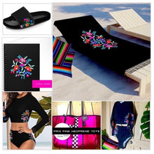 Load image into Gallery viewer, Boho beach blanket fringed wrap pool towel cover-up XL 6.5 ft black Bamba floral Serape stripes or pearl + cabana stripes