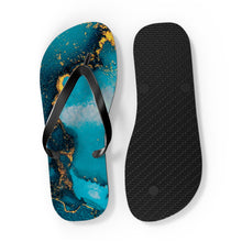 Load image into Gallery viewer, Aquamarine Dream deep geode FLIP FLOP waterproof slip-on deep teal blue gold swirl sandals womens sz 7 8 9 10 11 Shore And Skyline Swim Pool