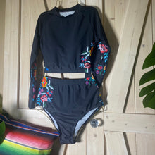Load image into Gallery viewer, S-2XL La Bamba Monarca Surf-crop black floral two-piece UPF long-sleeve swimsuit padded rashguard top swim brief flowers Shore and Skyline