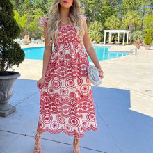 Load image into Gallery viewer, new smocked sundress Boho Red Green or Bluebonnet MAXI white floral eyelet embroidery ruffled femme dress Spring Summer baby bridal birthday