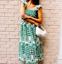 Load image into Gallery viewer, new smocked sundress Boho red green or blue Bluebonnet MAXI floral eyelet embroidery ruffled femme dress Spring Summer baby bridal birthday