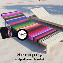 Load image into Gallery viewer, Boho beach blanket fringed wrap pool towel cover-up XL 6.5 ft black + Serape Olé stripes / La Bamba floral bouquet or pearl + cabana stripes
