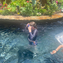 Load image into Gallery viewer, S-2XL La Bamba Monarca Surf-crop black floral two-piece UPF long-sleeve swimsuit padded rashguard top swim brief flowers Shore and Skyline