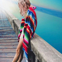 Load image into Gallery viewer, Boho beach blanket fringed wrap pool towel cover-up XL 6.5 ft black + Serape Olé stripes / La Bamba floral bouquet or pearl + cabana stripes