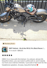 Load image into Gallery viewer, NWT Helmet - His & Her M-XL Prix Black Racer / Aqua Blossom / Vintage Red Camel - DOT certified motorcycle Vespa riding helmets + visor