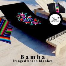 Load image into Gallery viewer, Boho beach blanket fringed wrap pool towel cover-up XL 6.5 ft black + Serape Olé stripes / La Bamba floral bouquet or pearl + cabana stripes
