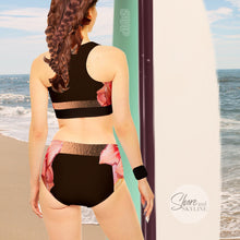 Load image into Gallery viewer, XS-XL swimsuit Pink Quartz Hibiscus on dark chocolate aqua sport bikini womens UPF 40+ black brown floral two-piece shore sports women