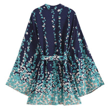Load image into Gallery viewer, Floral Marina Kimono Robe Resort Chic navy blue aqua flowers Boho beach cover up swim bath pool wrap women turquoise taupe 3/4 short M XL
