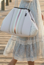 Load image into Gallery viewer, Opal Leopard Neoprene Tote Bag + mint & metallic rose-gold racer stripe waterproof for rain, snow, boat, beach of sippy cup uh ohs