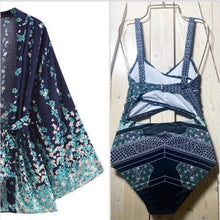 Load image into Gallery viewer, Floral Marina Kimono Robe Resort Chic navy blue aqua flowers Boho beach cover up swim bath pool wrap women turquoise taupe 3/4 short M XL