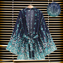 Load image into Gallery viewer, Floral Marina Kimono Robe Resort Chic navy blue aqua flowers Boho beach cover up swim bath pool wrap women turquoise taupe 3/4 short M XL