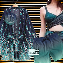 Load image into Gallery viewer, Floral Marina Kimono Robe Resort Chic navy blue aqua flowers Boho beach cover up swim bath pool wrap women turquoise taupe 3/4 short M XL