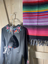 Load image into Gallery viewer, Boho beach blanket fringed wrap pool towel cover-up XL 6.5 ft black + Serape Olé stripes / La Bamba floral bouquet or pearl + cabana stripes