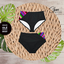 Load image into Gallery viewer, Serape Olé striped Baronesa bikini + black or white ties halter two piece swimsuit strappy side-ties Mexican multicolor fiesta coordinates