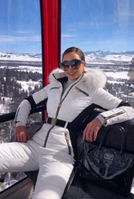 Load image into Gallery viewer, winter SNOWSUIT pink album white fur hood smooth puffer black stripe belted womens skisuit insulated pockets