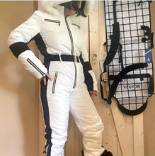 Load image into Gallery viewer, S - 2XL SNOWSUIT Winter White Album one-piece skisuit + black stripes snow-suit sides womens belted hooded skyline cabin mountain resort new