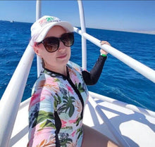 Load image into Gallery viewer, UPF Rashguard Bright Blue Green Hibiscus surf swimsuit + longsleeve variations white black teal turquoise hot pink leopard birds women gift