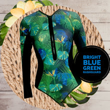 Load image into Gallery viewer, UPF Rashguard Hibiscus surf swimsuit + variations white black teal turquoise blue green cheetah leopard beach pool slimming women feminine