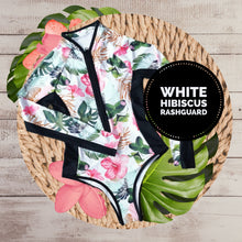 Load image into Gallery viewer, S-XL UPF Rashguard Teal Hibiscus swimsuit wetsuit surfsuit white black pink turquoise coral peach bright blue leopard surf beach pool lake