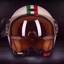 Load image into Gallery viewer, NWT Helmet - His & Her M-XL Prix Black Racer / Aqua Blossom / Vintage Red Camel - DOT certified motorcycle Vespa riding helmets + visor