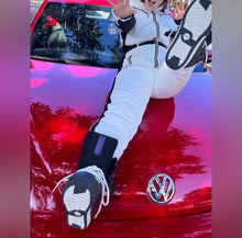 Load image into Gallery viewer, S - 2XL SNOWSUIT Winter White Album one-piece skisuit + black stripes snow-suit sides womens belted hooded skyline cabin mountain resort new