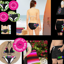 Load image into Gallery viewer, S-2XL La Bamba Monarca Surf-crop black floral two-piece UPF long-sleeve swimsuit padded rashguard top swim brief flowers Shore and Skyline