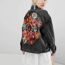 Load image into Gallery viewer, nwt jacket Boho Floral Embroidery on Charcoal denim jacket faded black jean coat