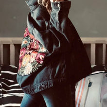 Load image into Gallery viewer, nwt jacket Boho Floral Embroidery on Charcoal denim jacket faded black jean coat