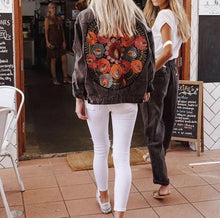 Load image into Gallery viewer, nwt jacket Boho Floral Embroidery on Charcoal denim jacket faded black jean coat