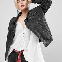 Load image into Gallery viewer, nwt jacket Boho Floral Embroidery on Charcoal denim jacket faded black jean coat