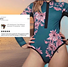Load image into Gallery viewer, S-XL UPF Rashguard Teal Hibiscus swimsuit wetsuit surfsuit white black pink turquoise coral peach bright blue leopard surf beach pool lake