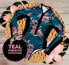 Load image into Gallery viewer, S-XL UPF Rashguard Teal Hibiscus swimsuit wetsuit surfsuit white black pink turquoise coral peach bright blue leopard surf beach pool lake