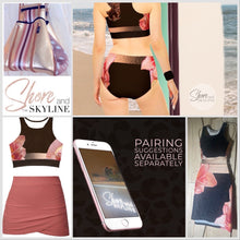 Load image into Gallery viewer, XS-XL swimsuit Pink Quartz Hibiscus on dark chocolate aqua sport bikini womens UPF 40+ black brown floral two-piece shore sports women