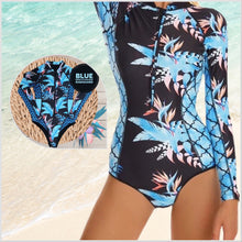 Load image into Gallery viewer, UPF Rashguard Bright Blue Green Hibiscus surf swimsuit + longsleeve variations white black teal turquoise hot pink leopard birds women gift