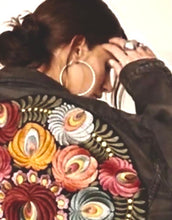Load image into Gallery viewer, nwt jacket Boho Floral Embroidery on Charcoal denim jacket faded black jean coat
