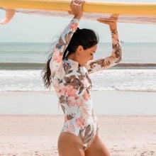 Load image into Gallery viewer, UPF Rashguard Pink Hibiscus - Aqua Palms surfsuit swimsuit (S-XL) white pink peach aqua mint beach pool surf swim women feminine modest