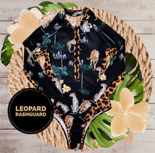 Load image into Gallery viewer, UPF Rashguard Baddie Haute Pink Hibiscus surf swimsuit + variations white black teal turquoise leopard birds beach pool women gift 2023 nwt