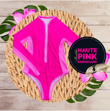 Load image into Gallery viewer, UPF Rashguard Baddie Haute Pink Hibiscus surf swimsuit + variations white black teal turquoise leopard birds beach pool women gift 2023 nwt