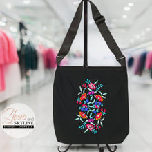 Load image into Gallery viewer, Bamba Black Floral Purse 16-inch ( or 18-inch Serape Olé striped ) Adjustable Crossbody / Water-resist Messenger Bag AOP - Shore and Skyline