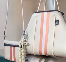 Load image into Gallery viewer, NWT 2-in-1 © SAHARA PEARL Tote & Crossbody premium sand beige neoprene w/ dusty rose camo sides metallic rose-gold stripes sunset champagne