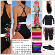Load image into Gallery viewer, S-2XL swimsuit La Bamba - Monarca Surf-crop black floral two-piece UPF long-sleeve padded rashguard top swim brief flowers Shore and Skyline