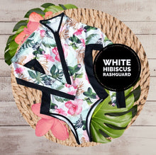 Load image into Gallery viewer, UPF Rashguard Baddie Haute Pink Hibiscus surf swimsuit + variations white black teal turquoise leopard birds beach pool women gift 2023 nwt