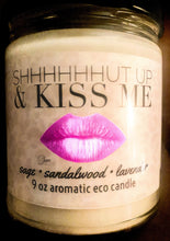 Load image into Gallery viewer, shhhUT UP & KISS ME candle smells like him aromatic lavender sandalwood sage soy wax 9oz glass lid 60 hour Valentines gift bronze pink lip