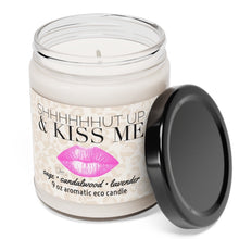 Load image into Gallery viewer, shhhUT UP & KISS ME candle smells like him aromatic lavender sandalwood sage soy wax 9oz glass lid 60 hour Valentines gift bronze pink lip